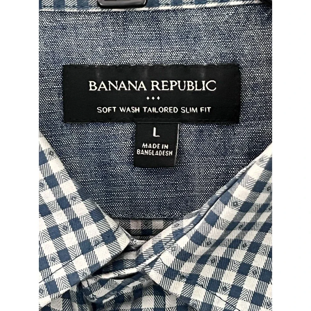 Banana Republic Soft Wash Tailored Slim Fit Shirt Mens L Teal Check Button Up